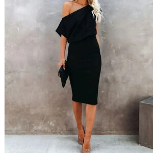 SHORT SLEEVE OFF THE SHOULDER RUCHED SKIRT BODYCON DRESS SIZE M BLACK